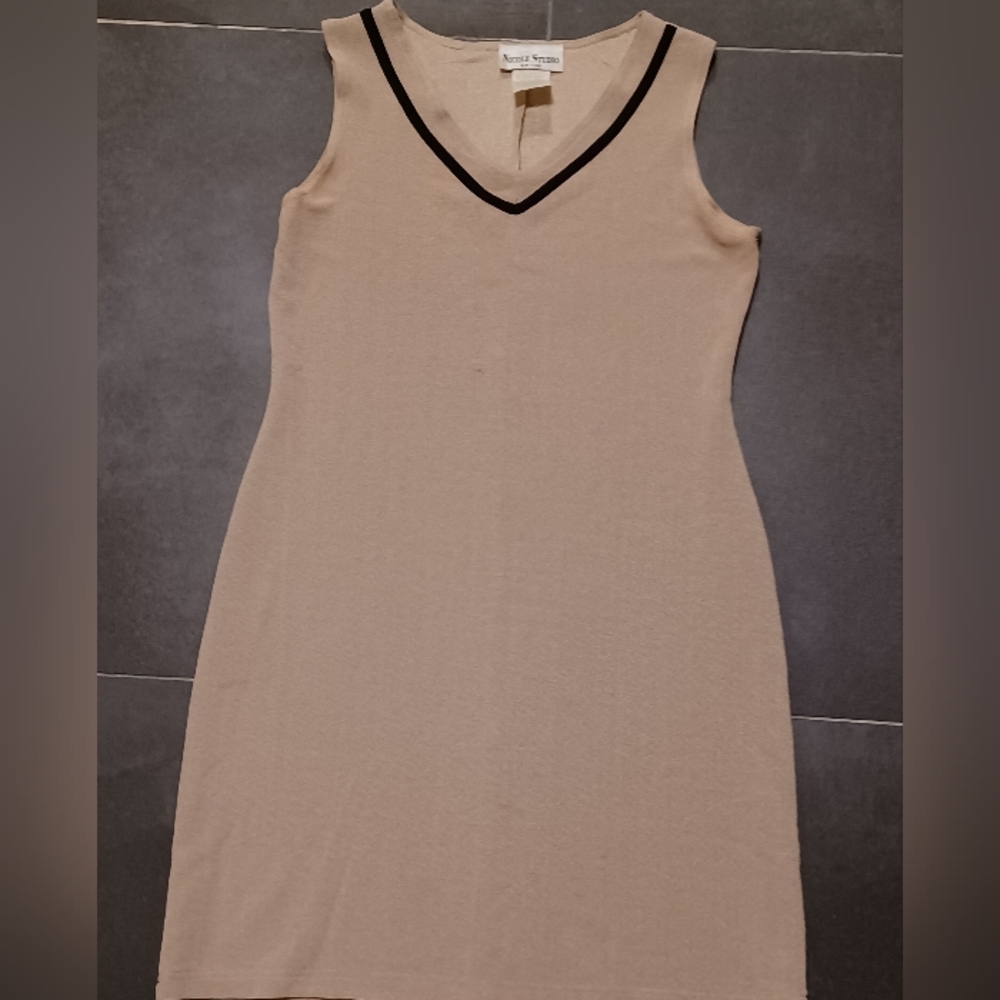 Nicole Studio Elegant Tan Dress with Black Trim Size M